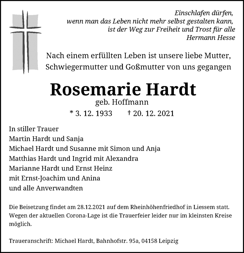  Traueranzeige für Rosemarie Hardt vom 24.12.2021 aus General-Anzeiger Bonn