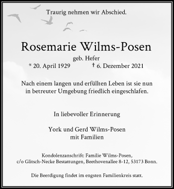Anzeige von Rosemarie Wilms-Posen von General-Anzeiger Bonn