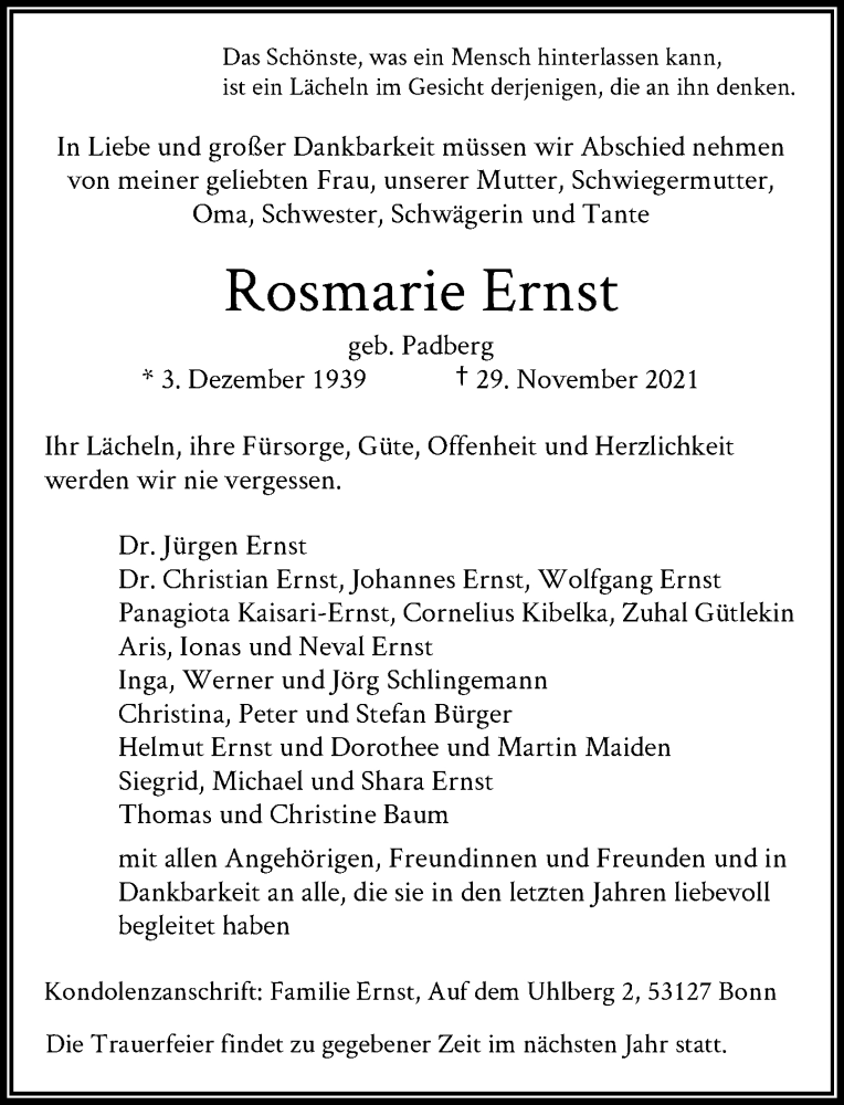  Traueranzeige für Rosmarie Ernst vom 04.12.2021 aus General-Anzeiger Bonn