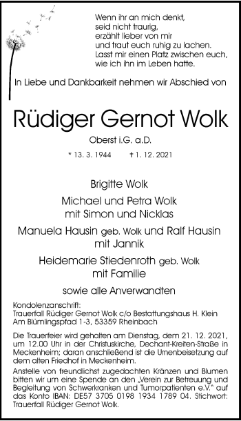 Anzeige von Rüdiger Gernot Wolk von General-Anzeiger Bonn