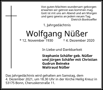 Anzeige von Wolfgang Nüßer von General-Anzeiger Bonn