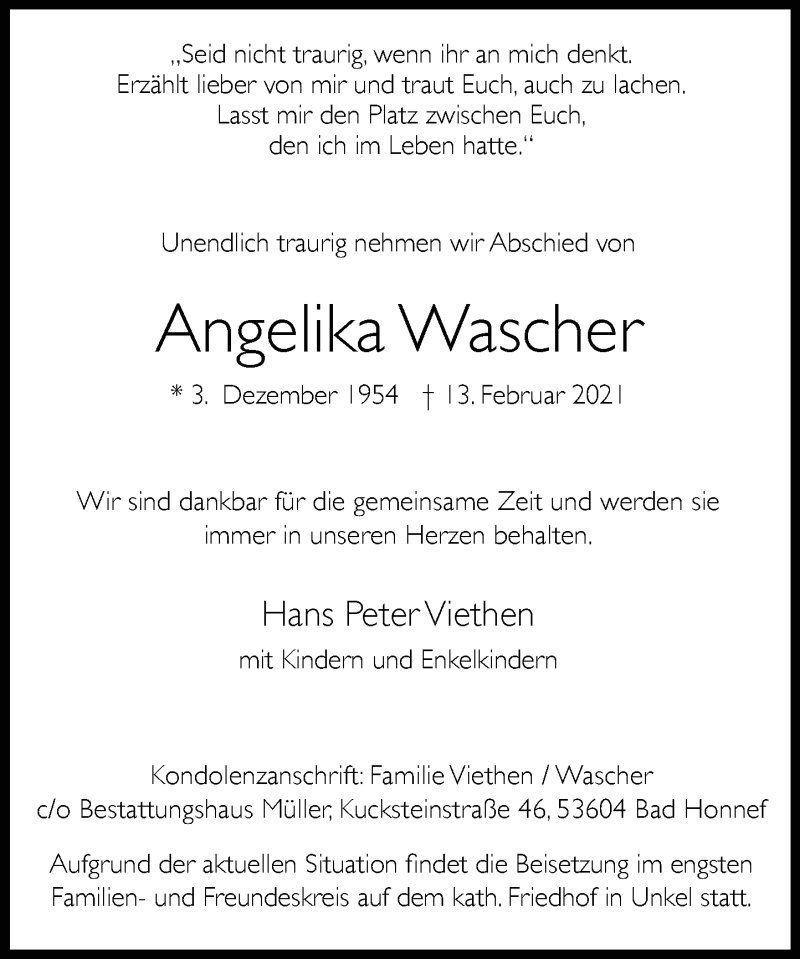  Traueranzeige für Angelika Wascher vom 20.02.2021 aus General-Anzeiger Bonn