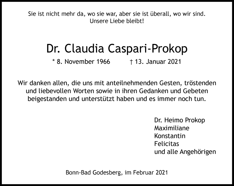  Traueranzeige für Claudia Caspari-Prokop vom 06.02.2021 aus General-Anzeiger Bonn