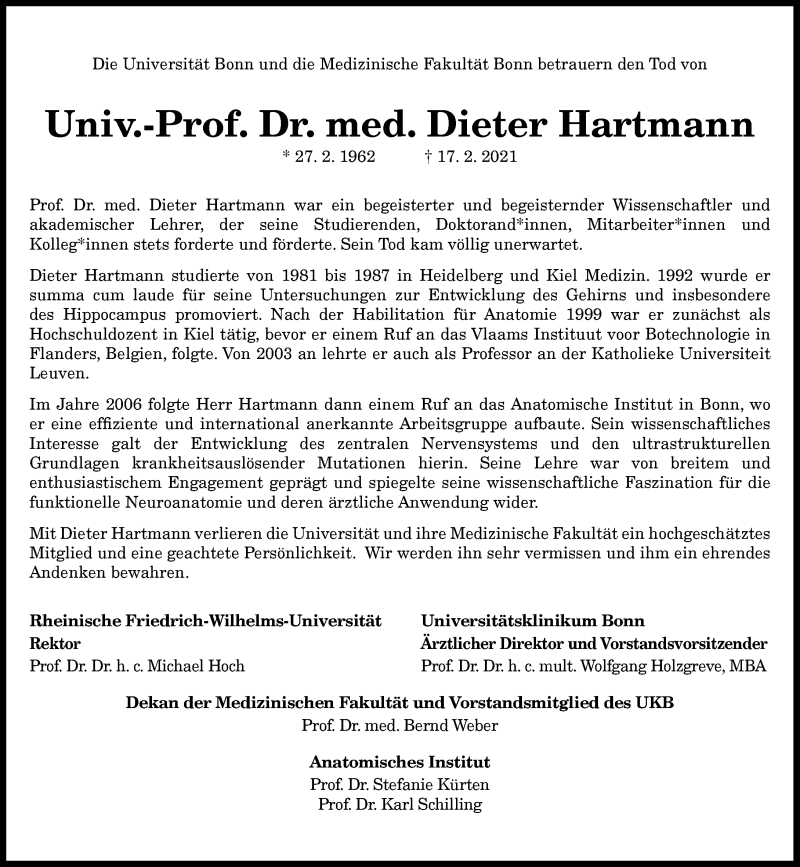  Traueranzeige für Dieter Hartmann vom 27.02.2021 aus General-Anzeiger Bonn