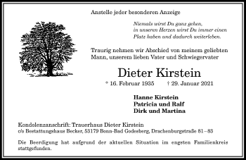 Anzeige von Dieter Kirstein von General-Anzeiger Bonn