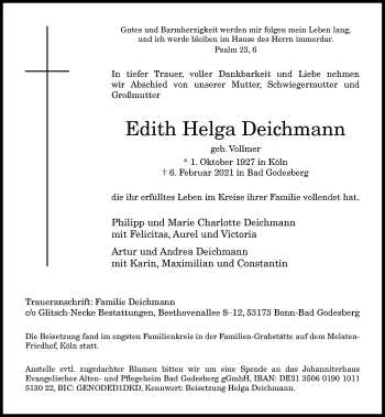 Anzeige von Edith Helga Deichmann von General-Anzeiger Bonn