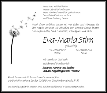 Anzeige von Eva-Maria Stirn von General-Anzeiger Bonn