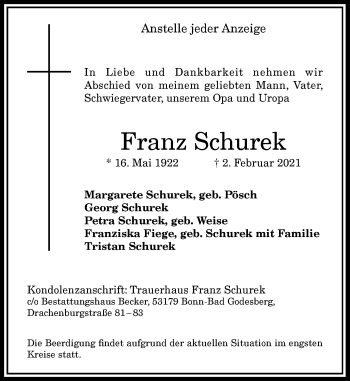 Anzeige von Franz Schurek von General-Anzeiger Bonn