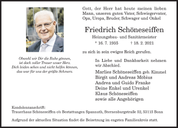 Anzeige von Friedrich Schöneseiffen von General-Anzeiger Bonn