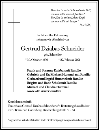 Anzeige von Gertrud Dziabas-Schneider von General-Anzeiger Bonn