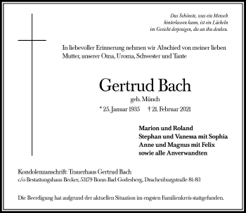 Anzeige von Gertrud Bach Bach von General-Anzeiger Bonn