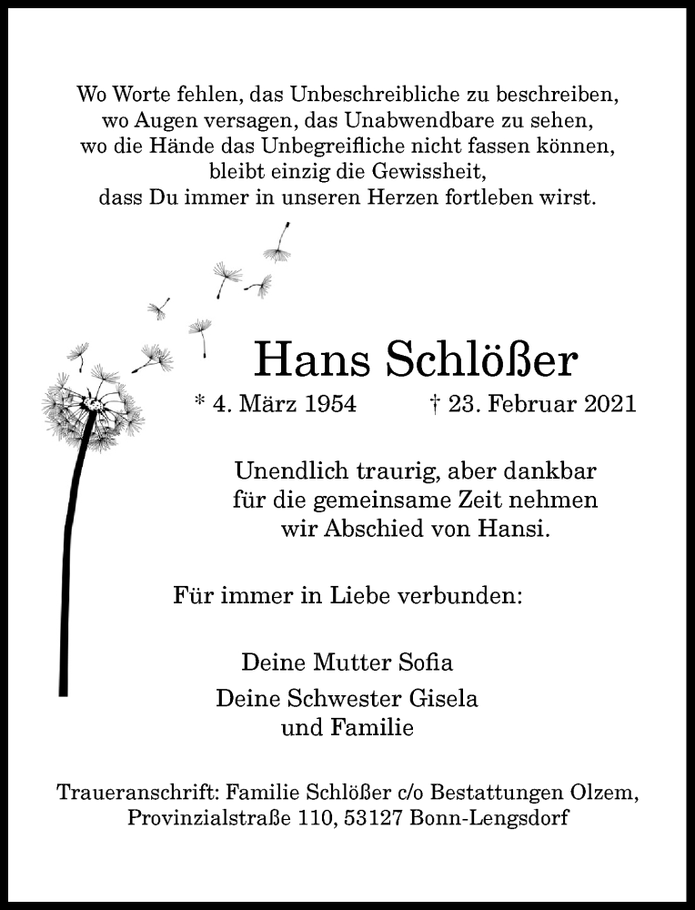  Traueranzeige für Hans Schlößer vom 27.02.2021 aus General-Anzeiger Bonn