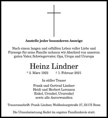 Anzeige von Heinz Lindner von General-Anzeiger Bonn