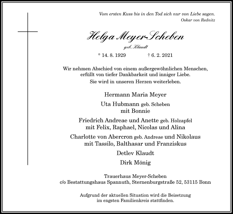  Traueranzeige für Helga Meyer-Scheben vom 13.02.2021 aus General-Anzeiger Bonn