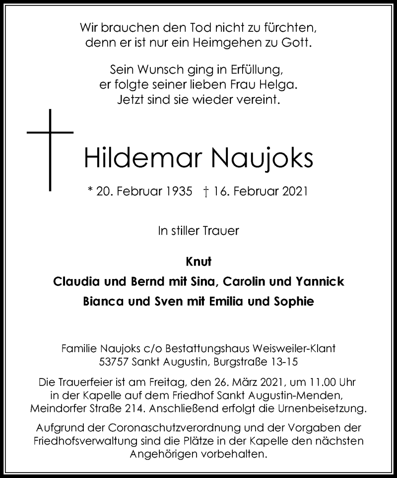  Traueranzeige für Hildemar Naujoks vom 27.02.2021 aus General-Anzeiger Bonn