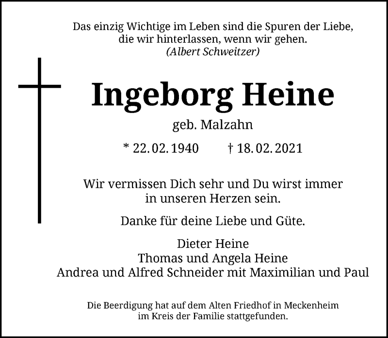 Traueranzeige für Ingeborg Heine vom 27.02.2021 aus General-Anzeiger Bonn