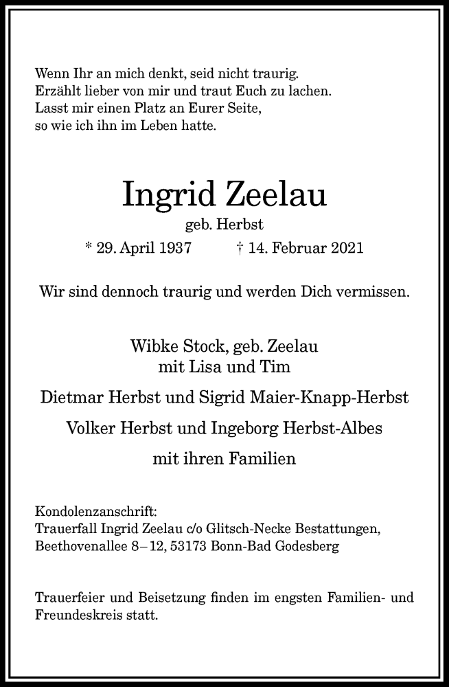  Traueranzeige für Ingrid Zeelau vom 20.02.2021 aus General-Anzeiger Bonn