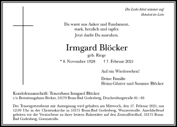 Anzeige von Irmgard Blöcker von General-Anzeiger Bonn