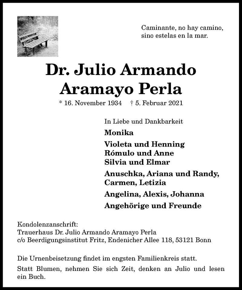  Traueranzeige für Julio Armando Aramayo Perla vom 13.02.2021 aus General-Anzeiger Bonn