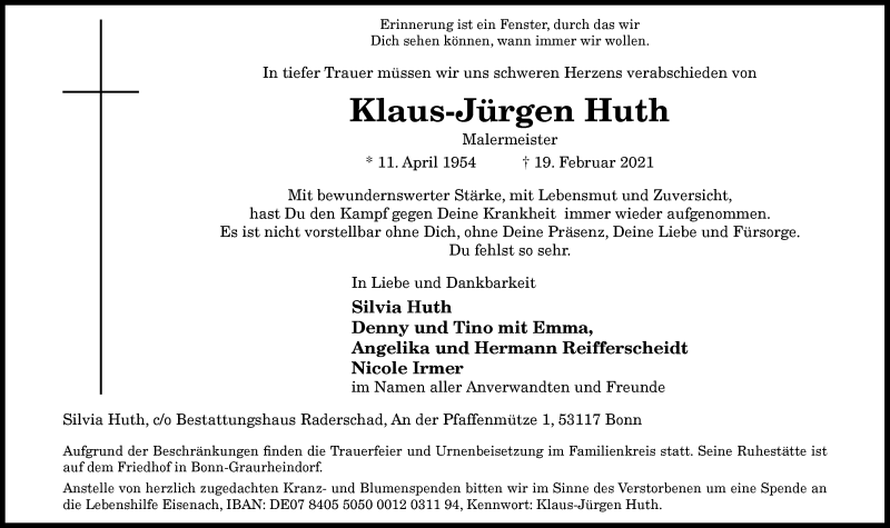  Traueranzeige für Klaus-Jürgen Huth vom 27.02.2021 aus General-Anzeiger Bonn