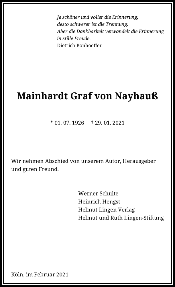  Traueranzeige für Mainhardt von Nayhauß vom 02.02.2021 aus General-Anzeiger Bonn