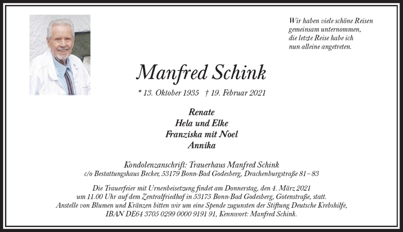  Traueranzeige für Manfred Schink vom 27.02.2021 aus General-Anzeiger Bonn