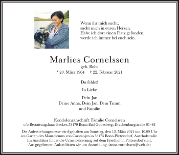 Anzeige von Marlies Cornelssen von General-Anzeiger Bonn