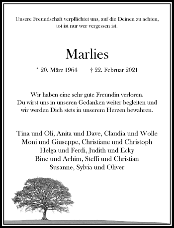 Anzeige von Marlies Cornelssen von General-Anzeiger Bonn