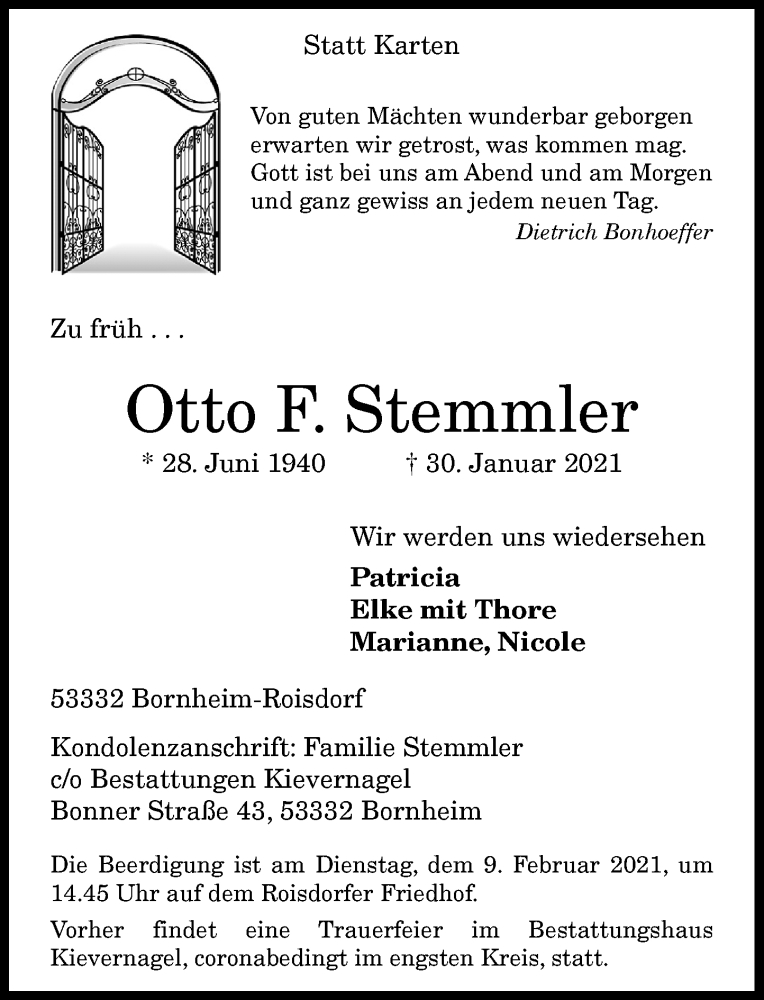  Traueranzeige für Otto F. Stemmler vom 03.02.2021 aus General-Anzeiger Bonn