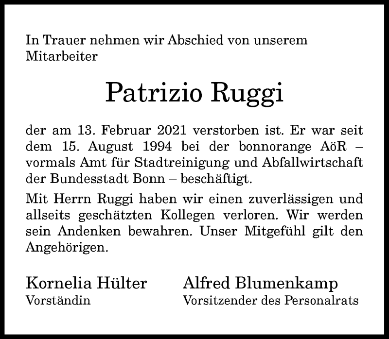  Traueranzeige für Patrizio Ruggi vom 20.02.2021 aus General-Anzeiger Bonn