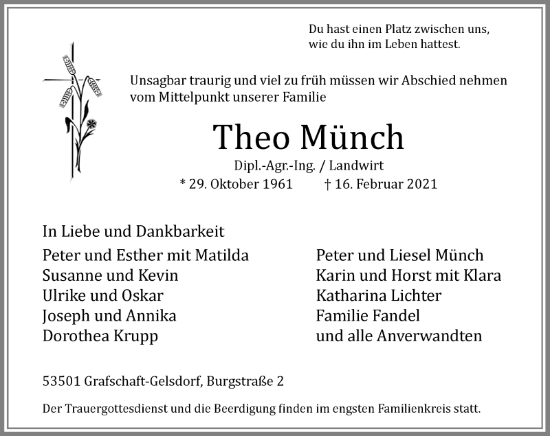  Traueranzeige für Theo Münch vom 20.02.2021 aus General-Anzeiger Bonn