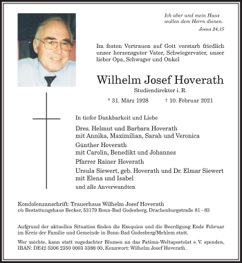 Anzeige von Wilhelm Josef Hoverath von General-Anzeiger Bonn