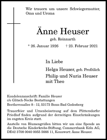 Anzeige von Änne Heuser von General-Anzeiger Bonn