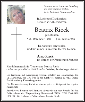 Anzeige von Beatrix Rieck von General-Anzeiger Bonn