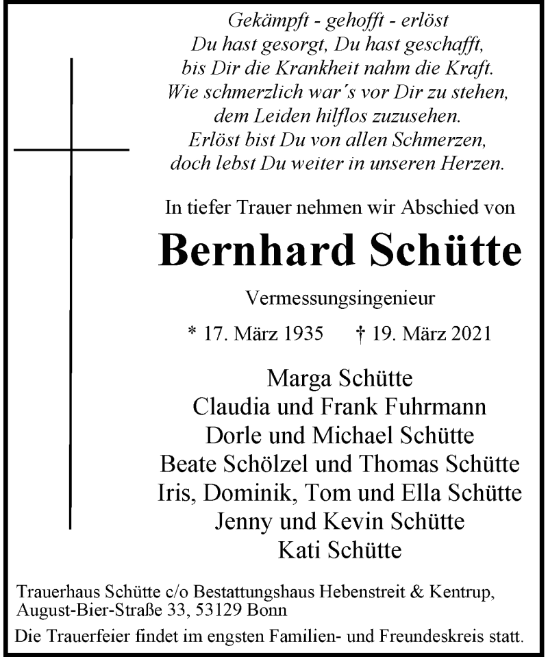  Traueranzeige für Bernhard Schütte vom 27.03.2021 aus General-Anzeiger Bonn