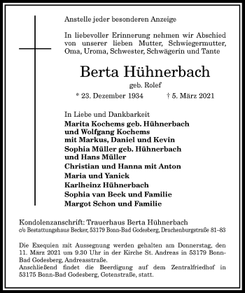 Anzeige von Berta Hühnerbach von General-Anzeiger Bonn