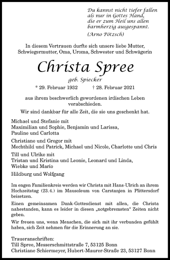 Anzeige von Christa Spree von General-Anzeiger Bonn