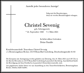 Anzeige von Christel Sevenig von General-Anzeiger Bonn