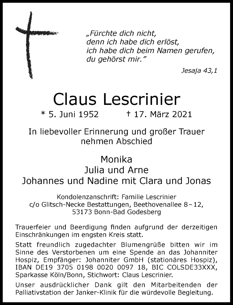  Traueranzeige für Claus Lescrinier vom 20.03.2021 aus General-Anzeiger Bonn