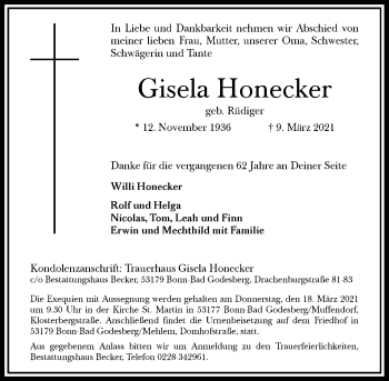 Anzeige von Gisela Honecker von General-Anzeiger Bonn