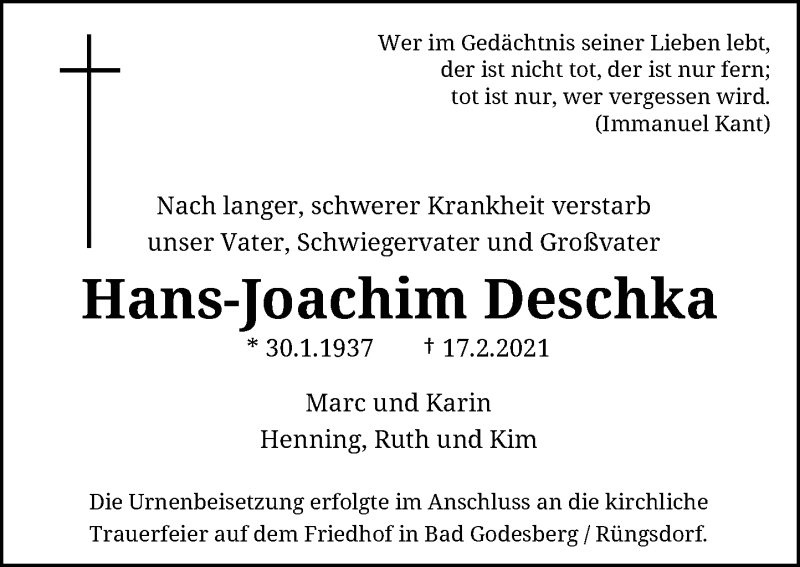  Traueranzeige für Hans-Joachim Deschka vom 03.04.2021 aus General-Anzeiger Bonn