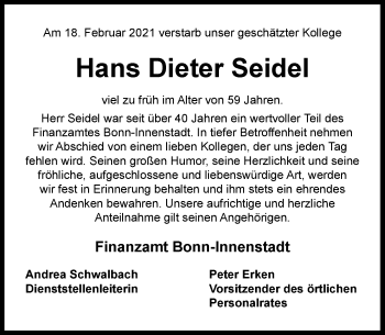 Anzeige von Hans Dieter Seidel von General-Anzeiger Bonn