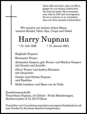 Anzeige von Harry Nupnau von General-Anzeiger Bonn