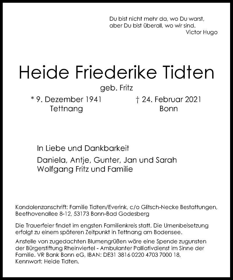  Traueranzeige für Heide Friederike Tidten vom 06.03.2021 aus General-Anzeiger Bonn