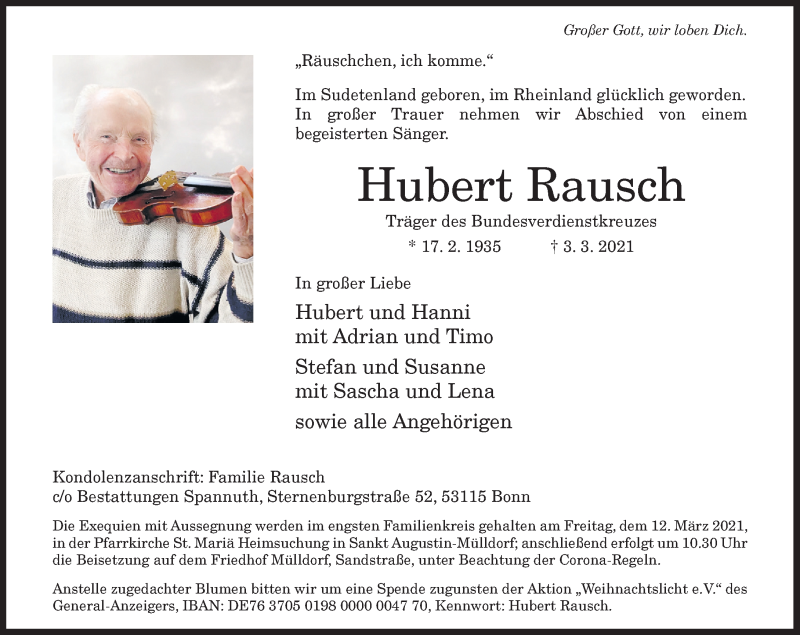  Traueranzeige für Hubert Rausch vom 06.03.2021 aus General-Anzeiger Bonn