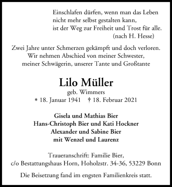 Anzeige von Lilo Müller von General-Anzeiger Bonn