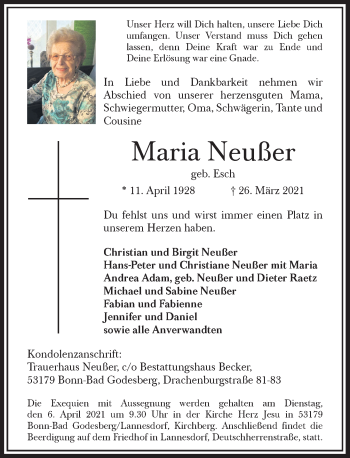 Anzeige von Maria Neußer von General-Anzeiger Bonn