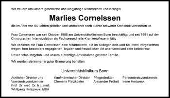 Anzeige von Marlies Cornelssen von General-Anzeiger Bonn