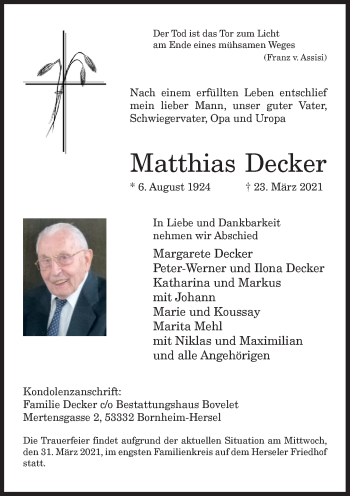Anzeige von Matthias Decker von General-Anzeiger Bonn
