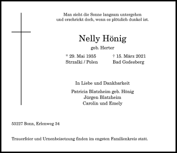 Anzeige von Nelly Hönig von General-Anzeiger Bonn